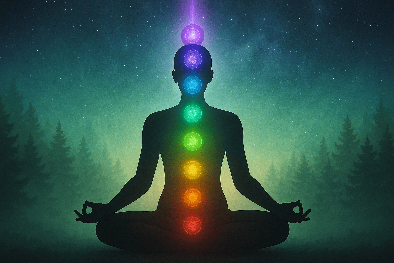 Silhouette of a person meditating with seven glowing, rainbow-colored chakras aligned along their spine.