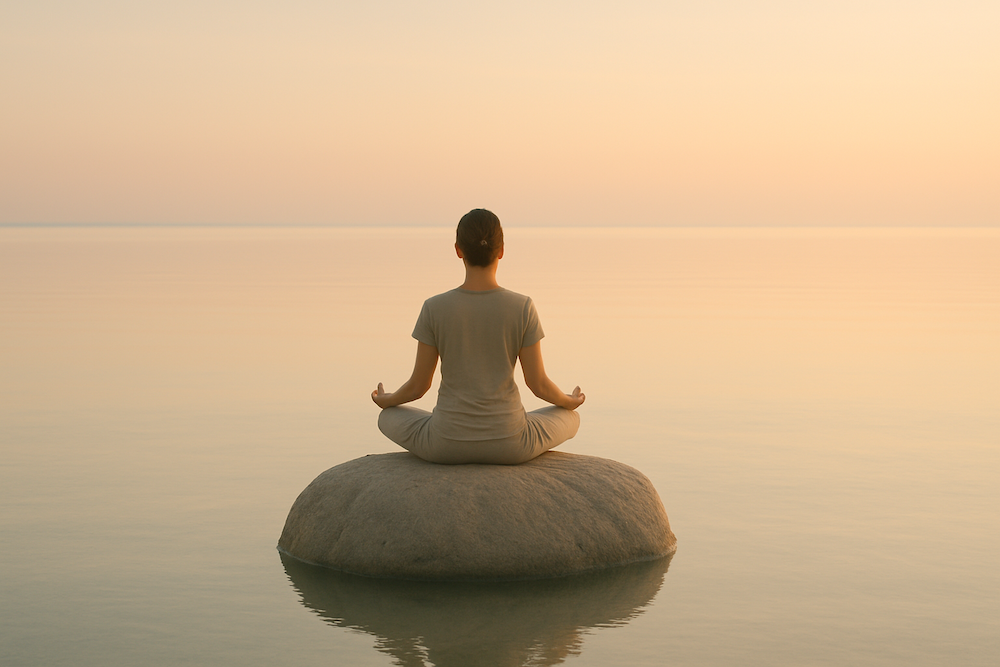 A person meditates on a large rock in the middle of a calm body of water.