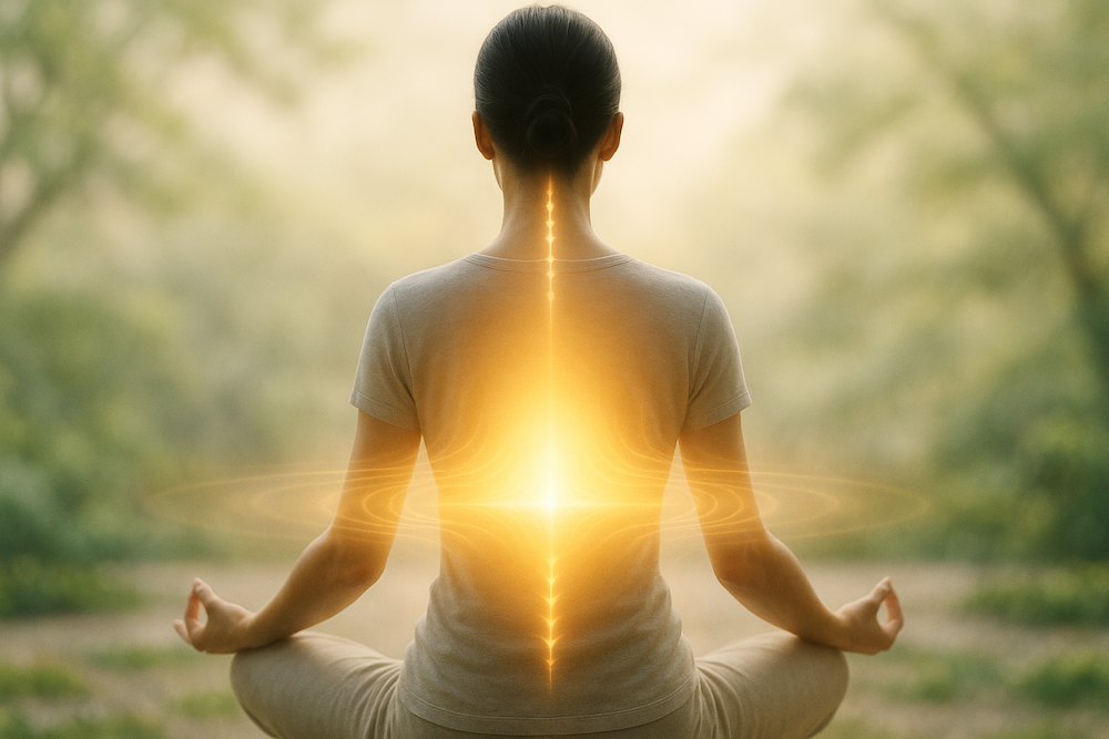 A woman seen from the back, sitting in a lotus pose meditation with a bright golden light emanating from her spine and a soft golden aura surrounding her.